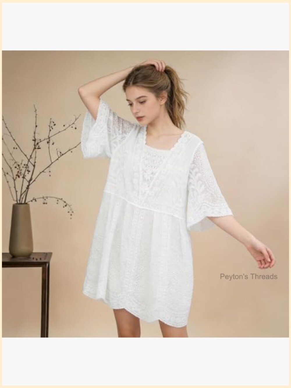 Embroidered Paisley Midi Dress - V-Neck Bell Sleeves Cotton Blend Loose A-Line - Picture 4 of 7